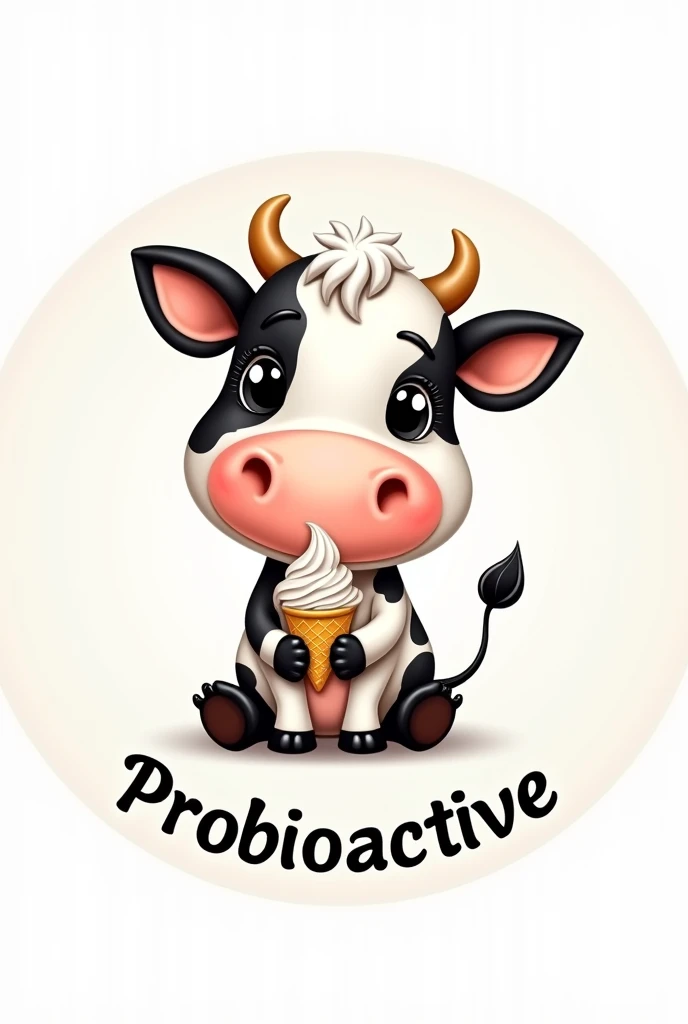 Drawing of a cute, beautiful cow in black and white with long eyelashes sitting with an ice cream cone.
The image should be round..
Below it should say Probioactive in italics