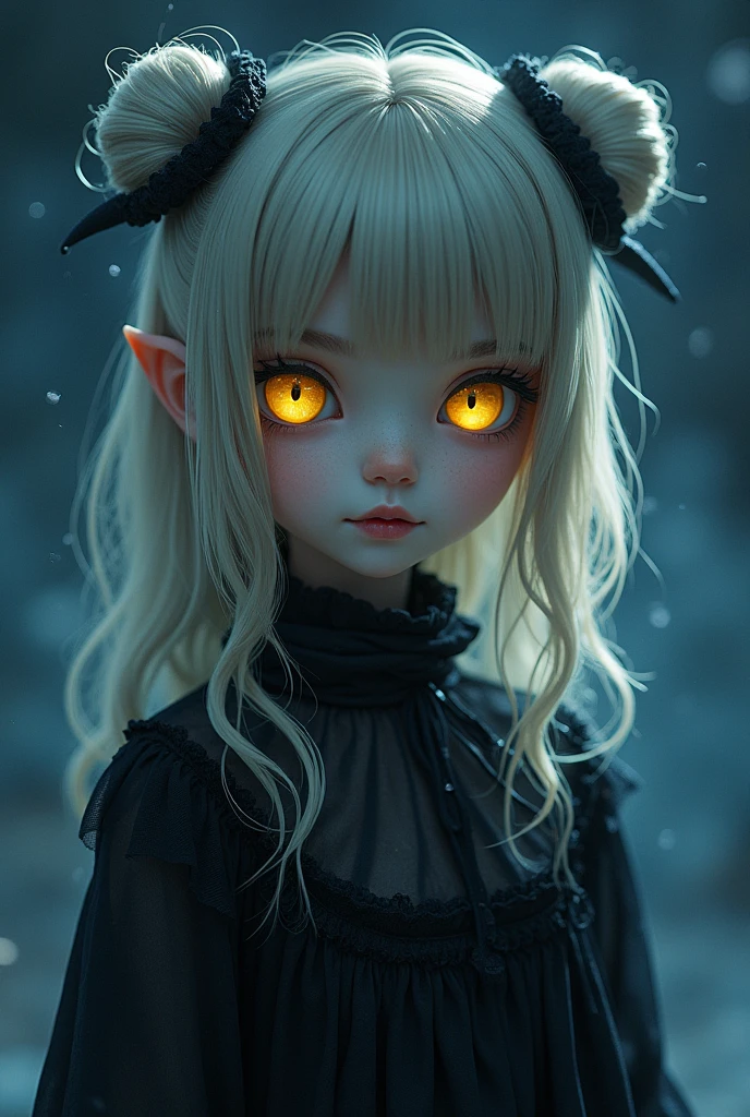 1girl, fair skin, pretty face, blush, yellow eyes, feline eyes, thin slit-shaped irises, wide mouth, pointed canines, longer canines, vampiric appearance, ash blonde hair, two buns, while straight bangs, two chin-length side bangs frame her face