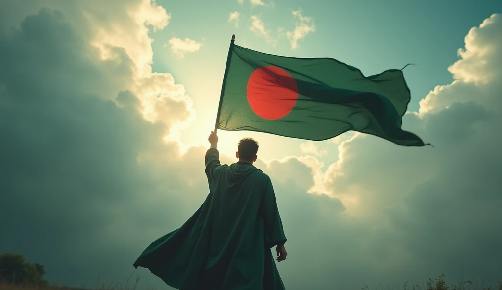 A Harry potter type figure of young man holding the flag of Bangladesh in the sky like playing quidditch. We don't see his face. We see his back. In the cloudy sky the big flag is the bright ray of hope. Don't put any broom there. 