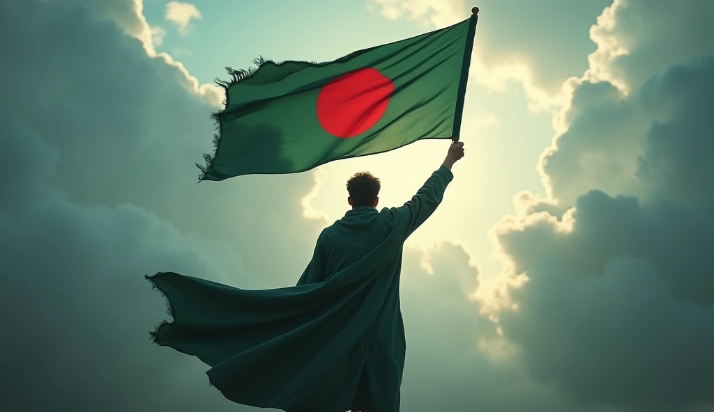 A Harry potter type figure of young man holding the flag of Bangladesh in the sky like playing quidditch. We don't see his face. We see his back. In the cloudy sky the big flag is the bright ray of hope. Don't put any broom there.