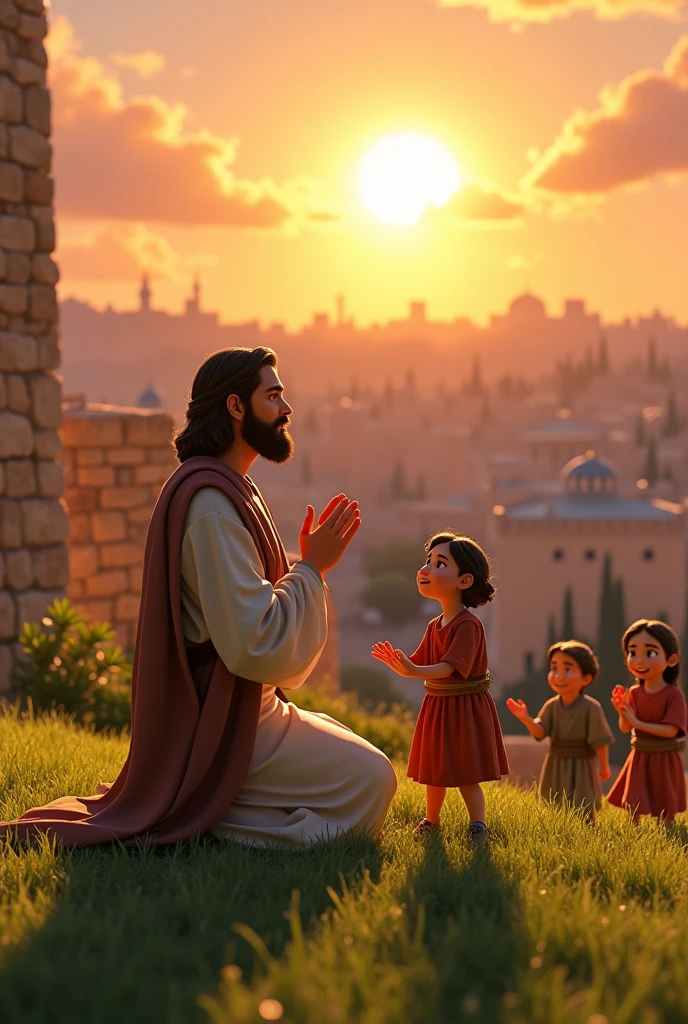 Biblical character Jesus praying on the Mount of Olives, people in Pixar style  