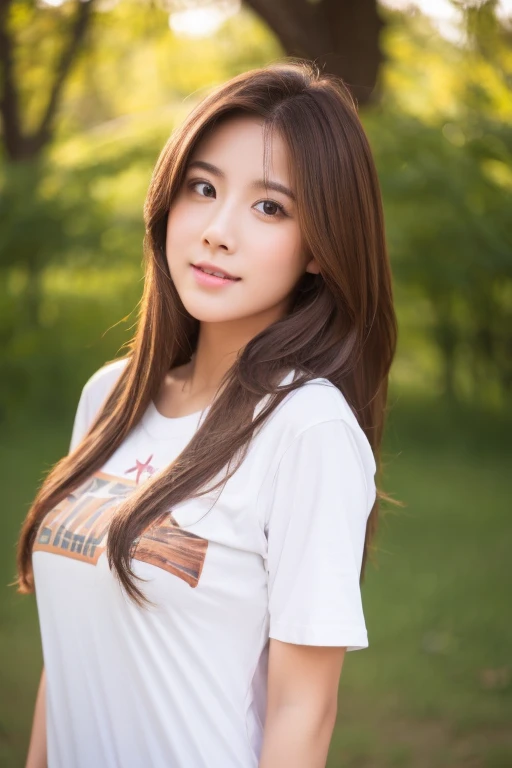One girl, solo, High resolution, Long hair and a large chest, Brown Hair, tshirt