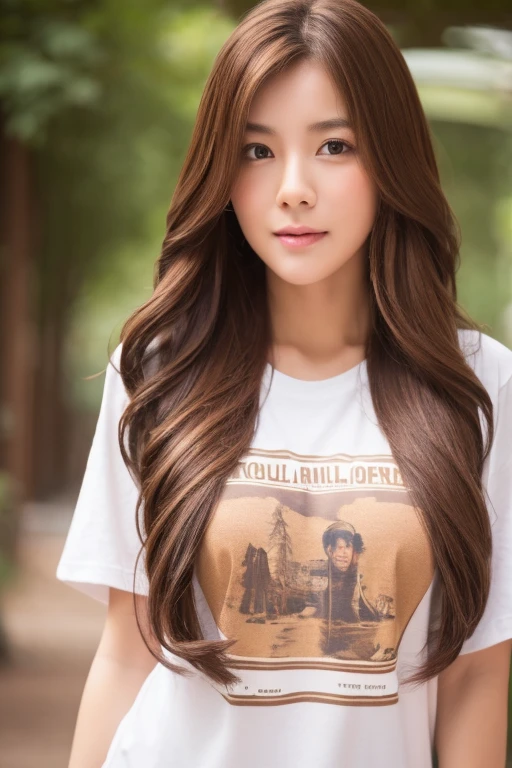 One girl, solo, High resolution, Long hair and a large chest, Brown Hair, tshirt