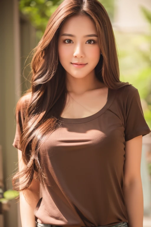 One girl, solo, High resolution, Long hair and a large chest, Brown Hair, tshirt