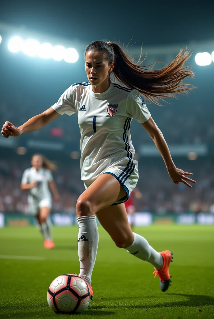 (photorealism:1.2), beautiful women's soccer long hair brunette in adidas uniform player, grimaces foul slide tackle, realistic, 8k, injury leg