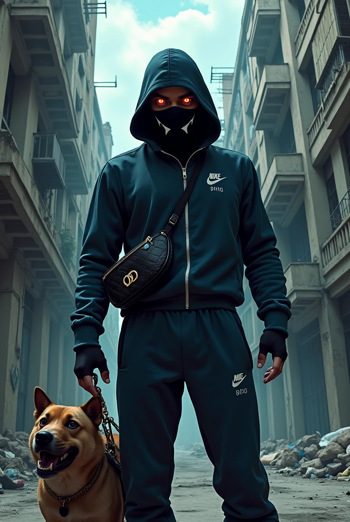 a picture is shot from above in an empty dirty city where a dark dressed dangerous man can be seen with a sports bag, a cap, wearing a black bandana covering his face and he has red eyes, wearing a dark blue Nike tracksuit and with a Dior waist bag and a dangerous dog on a leash in the Family Guy style