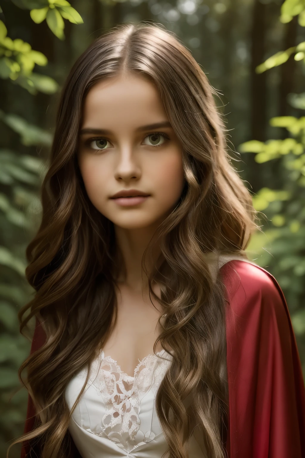 best quality,ultra-detailed,photorealistic,beautiful girl in a garden,traditional oil painting,red cape flowing in the wind,deep green grass and tall trees,sunlight filtering through the leaves,enchanted forest,detailed eyes and face,innocent expression,long wavy hair,basket filled with fruits and flowers,gentle smile,warm color palette,soft lighting, and big bad wolf hiding behind trees,mysterious atmosphere,storybook illustration,lush foliage,ethereal beauty,soft textures,dramatic shadows,fairy tale,adventure and danger,classic literature,magical encounter, exploring the unknown,curiosity,prominent eyes,portraits,mythical creature,suspenseful moment,exciting journey,innocence and bravery,contrast between light and dark,hidden dangers,whispering wind and rustling leaves,adding a touch of surrealism, path leading deeper into the forest,quiet and tranquil setting,enchanted garden,contrast between the girl's red cloak and the green surroundings,contrast between the girl's soft features and the wolf's fierce expression,captivating and compelling imagery.