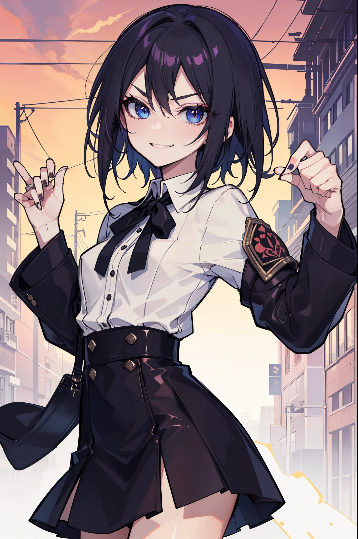 (best quality:1.2), (highest quality:1.2), (perfection:1.1), (flawless:1.1), urban street, 1girl, crazy girl, (dominant look:1.3), evil smirk, short height, blouse, short skirt, straight hair, small breasts, (best quality eyes:1.1), highly detailed, 8k, best quality resolution, (most beautiful upscale:1.1)