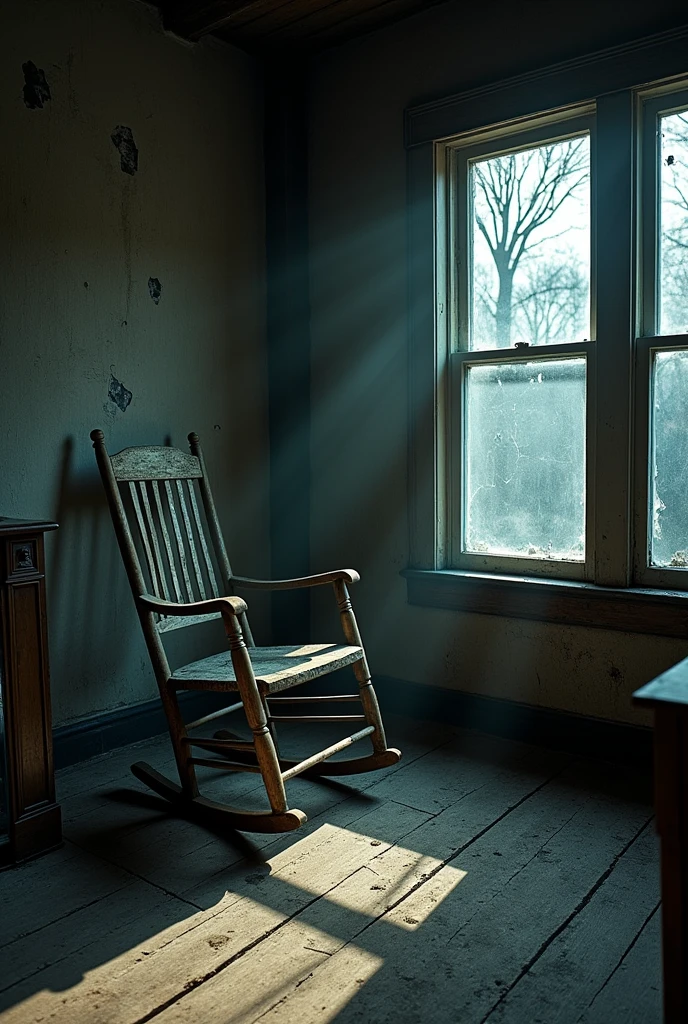 Create an image of a wooden rocking chair in an old, abandoned house. It should be nighttime in the image.