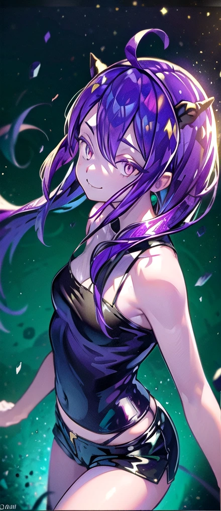 1girl, lum, purple hair, (forehead horns), skin-covered horns, black empire waist top, spaghetti strap top, black short shorts, in outer space, next to the moon, cute, full_body, smile, floating,