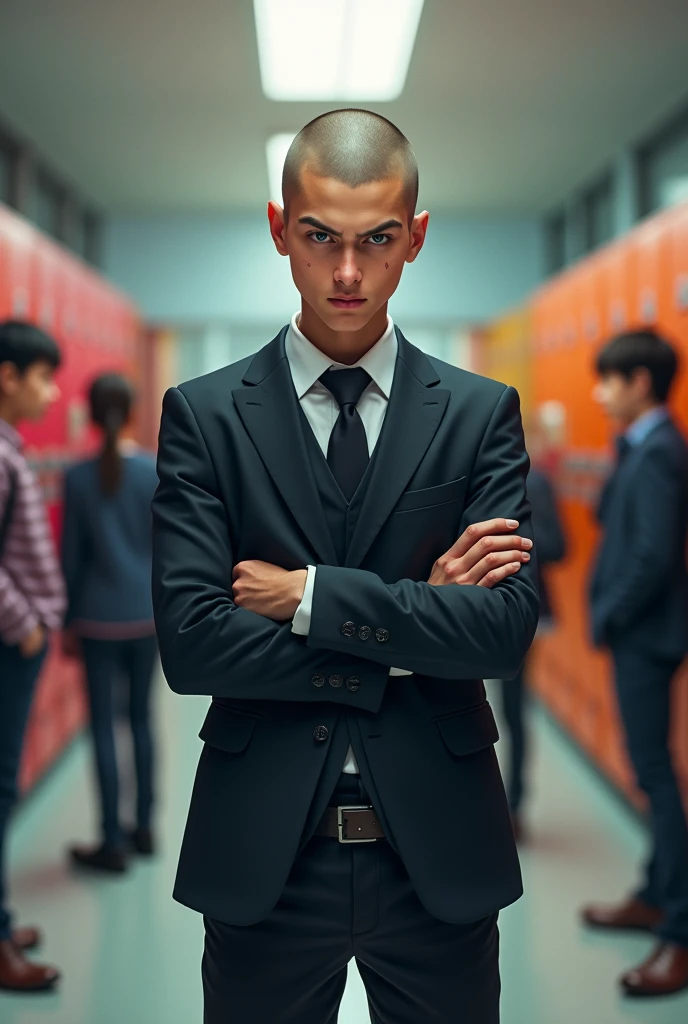 Student with a shaved head and a tough face wearing a school uniform