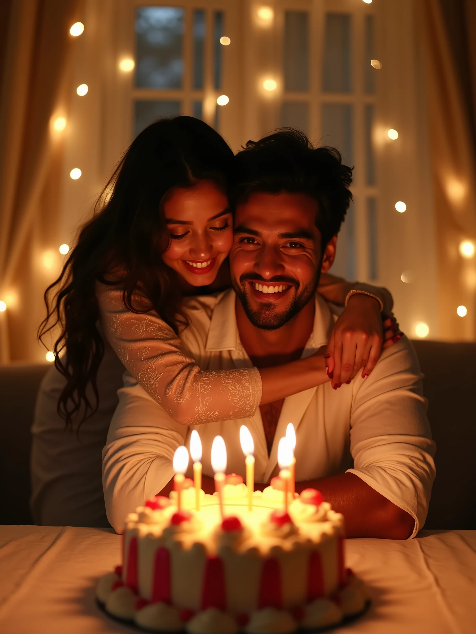 Egyptian couple , girl with wheatish skin, man white skin, both are tall, celebrating his birthday,She stands behind him, lovingly hugging his back as he sits in front of the birthday cake