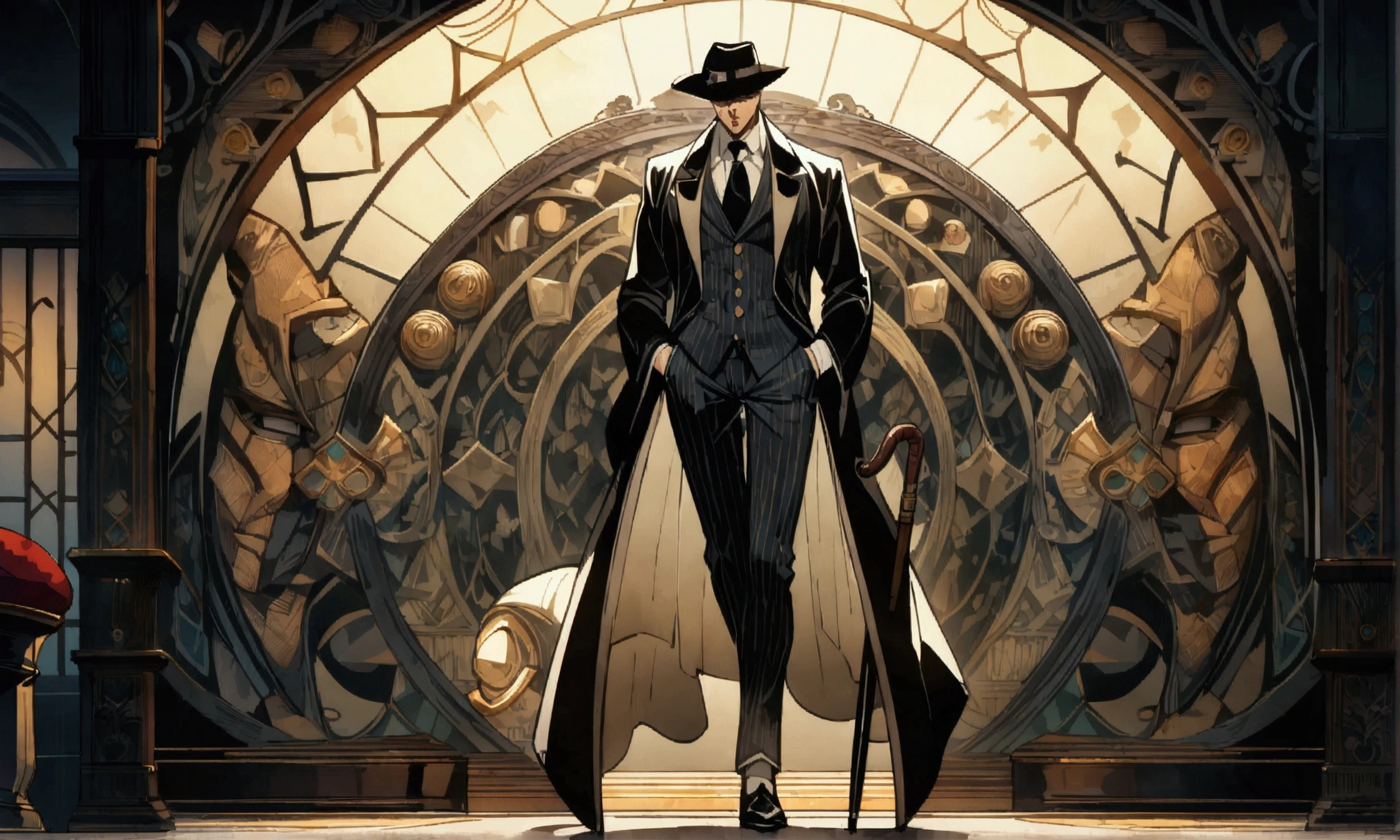 Humanoid rooster, dressed as a 1920s mobster, wearing a stylish suit, tilted fedora hat and a silk tie, confident and imposing expression, cigar in his mouth, leaning on a cane, The background is an old bar environment, with a dark and mysterious atmosphere, ((Intricate anime character design inspired by Jojo's Bizarre Adventure)), ((Stunning lighting)), ((Fine lines)), ((Stunning focus)), ((Stunning face)), ((Detailed focus)), ((Full body)), ((Detailed background)), ((Ultra-fine 2D design)), ((Background full of creativity)), ((2D masterpiece)), ((Best quality)), ((8K)), ((Anime style))