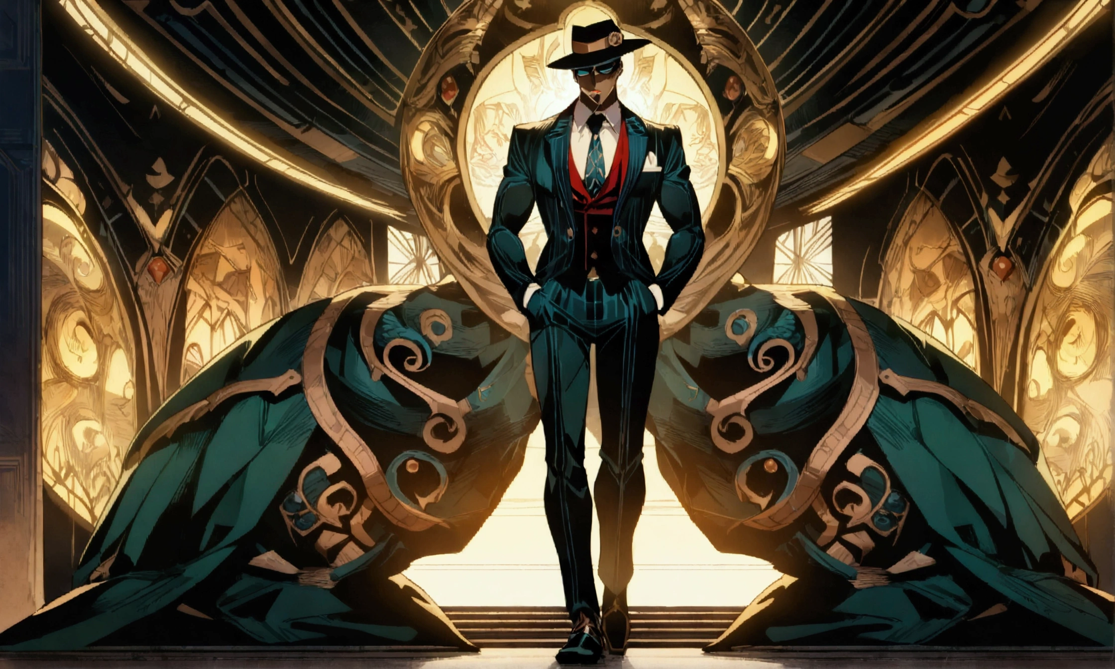 Humanoid rooster, dressed as a 1920s mobster, wearing a stylish suit, tilted fedora hat and a silk tie, confident and imposing expression, cigar in his mouth, leaning on a cane, The background is an old bar environment, with a dark and mysterious atmosphere, ((Intricate anime character design inspired by Jojo's Bizarre Adventure)), ((Stunning lighting)), ((Fine lines)), ((Stunning focus)), ((Stunning face)), ((Detailed focus)), ((Full body)), ((Detailed background)), ((Ultra-fine 2D design)), ((Background full of creativity)), ((2D masterpiece)), ((Best quality)), ((8K)), ((Anime style))