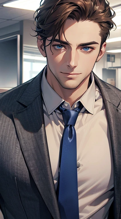 (best quality,4k,8k,highres,masterpiece:1.2),ultra-detailed,(realistic,photorealistic,photo-realistic:1.37),1 man,31 years old,mature man,very handsome,without expression,smile,short grey brown hair,blue eyes,penetrating gaze,perfect face without errors,imposing posture,businessman,office background,cinematic lighting,hdr image
