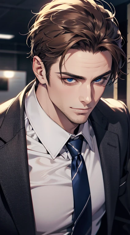 (best quality,4k,8k,highres,masterpiece:1.2),ultra-detailed,(realistic,photorealistic,photo-realistic:1.37),1 man,31 years old,mature man,very handsome,without expression,smile,short grey brown hair,blue eyes,penetrating gaze,perfect face without errors,imposing posture,businessman,office background,cinematic lighting,hdr image
