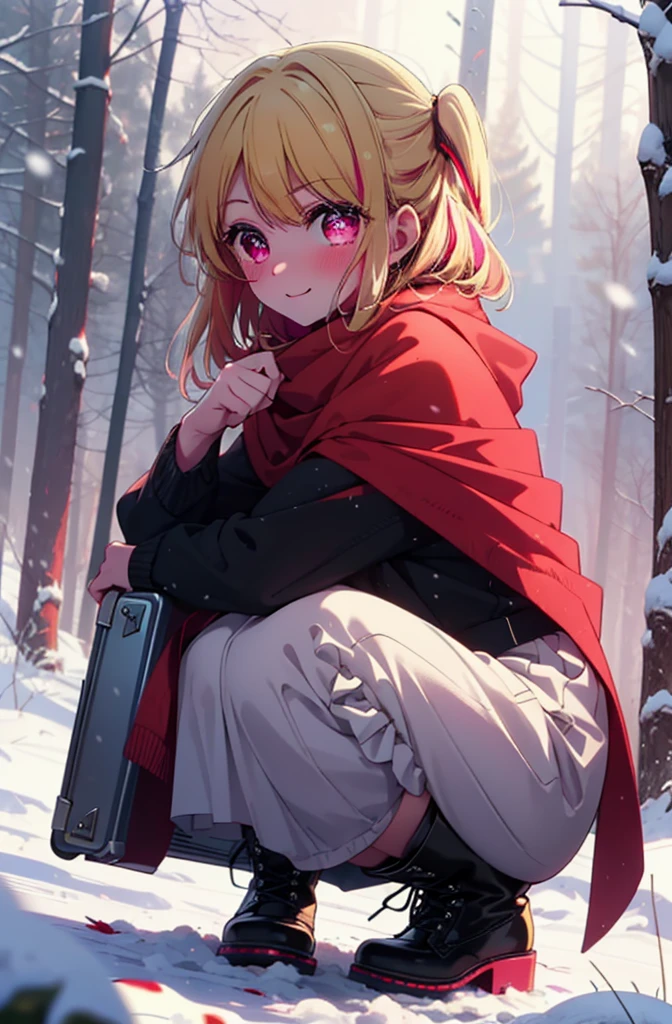 rubyhoshino, Hoshino Ruby, Long Hair, bangs, Blonde, (Pink Eyes:1.3), Side Lock, (Symbol-shaped pupil:1.5), Multicolored Hair, Two-tone hair, smile,,smile,blush,white breath,
Open your mouth,snow,Ground bonfire, Outdoor, boots, snowing, From the side, wood, suitcase, Cape, Blurred, , forest, White handbag, nature,  Squat, Mouth closed, Cape, winter, Written boundary depth, Black shoes, red Cape break looking at viewer, Upper Body, whole body, break Outdoor, forest, nature, break (masterpiece:1.2), Highest quality, High resolution, unity 8k wallpaper, (shape:0.8), (Beautiful and beautiful eyes:1.6), Highly detailed face, Perfect lighting, Highly detailed CG, (Perfect hands, Perfect Anatomy),
