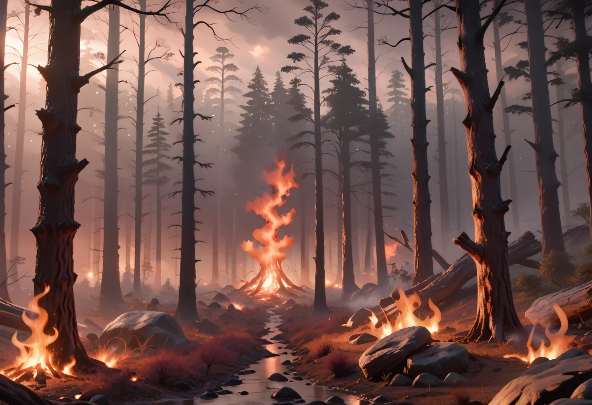 destroyed forest, burned forest, smoke, charred trees, afternoon, foggy, dark skies, masterpiece quality, ultra HD, 4K, best quality