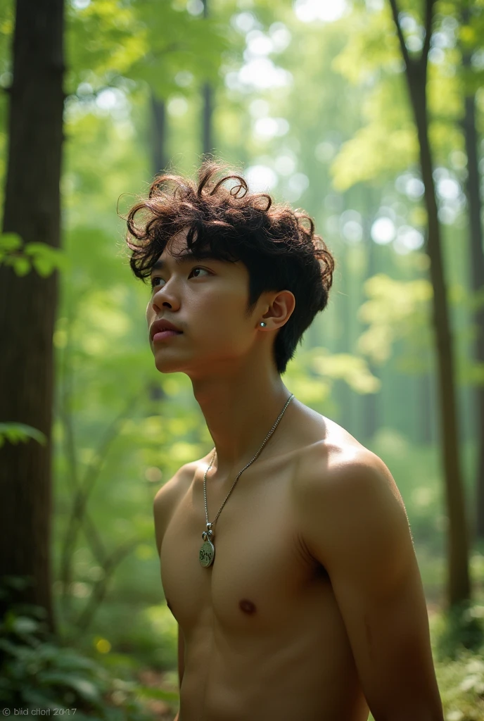 korean man 18 years old curly hair in the forest with a necklace silver name brix