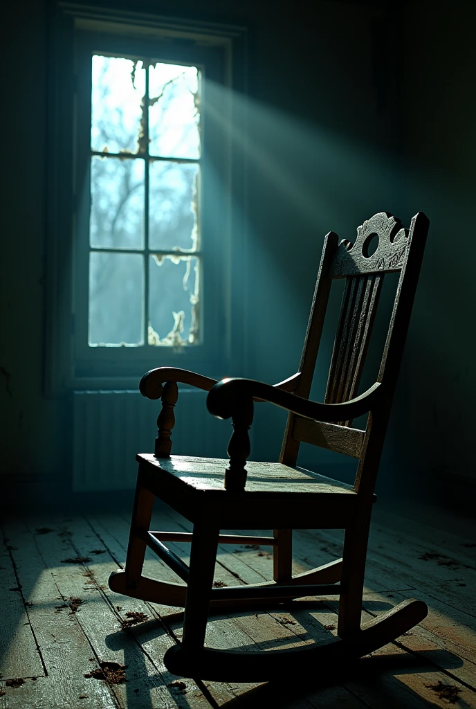 Create an image of a wooden rocking chair in an old, abandoned house. It should be night, very dark.