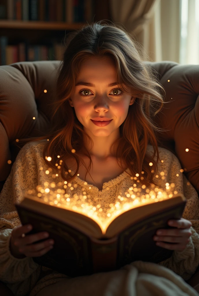 young woman siting in sofa with book in hand, fairy tale characters (shrek, Harry Potter, Queen) magically come out of the fairy tale book, front view, fantastic effects, lights, fairy tale