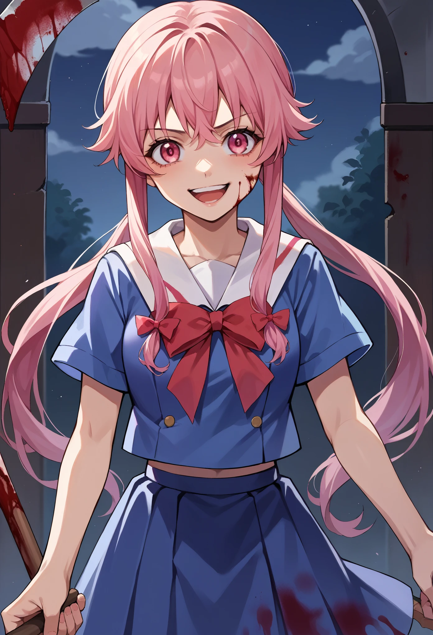 score_9, score_8_up, score_7_up, source_anime, 1girl, solo, yuno gasai, long hair, pink eyes, pink hair, smile, low twintails, serafuku, white sailor collar, short sleeves, shirt, blue shirt, skirt, blue skirt, bow, bowtie, red bowtie, standing, blood, bloodstained, evil eyes, laughing, evil laughter holding a axe, gripping axe with two hands, evil glare, looking at you, indoor, night dark