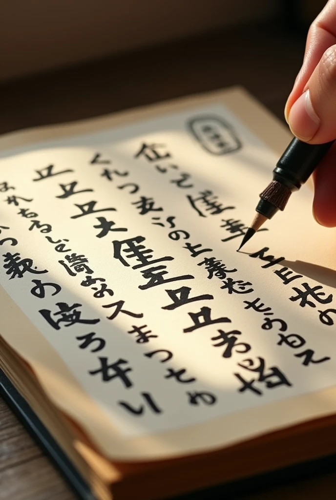 Realistic Japanese characters written on a notebook paper in hiragana, katakana and kanji