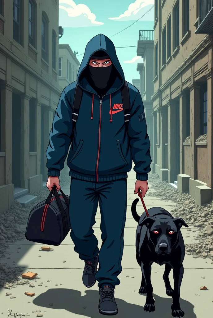 a picture is shot from above in an empty dirty city where a dark dressed dangerous man can be seen with a sports bag, a cap,  wearing a black bandana covering his face and he has red eyes, in a dark blue Nike tracksuit, with a Dior bum bag, and a dangerous black dog on a leash in Family Guy style

