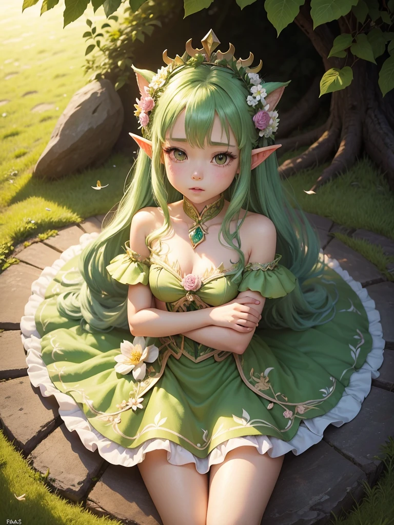 with green hair and a crown of flowers sits on the ground covered in leaves, A dress made of leaves,美しいFairy, Fairyの肖像画, Fairyの肖像画, 美しいFairy, Fairyの美学, 美しいFairys, Elf Girl wearing an flower suit, 森のFairy, Fairy, 森のFairy, 美しい大人のFairy, Elf Princess, Elf Girl, Beautiful fantasy art, Fairyの十代の少女