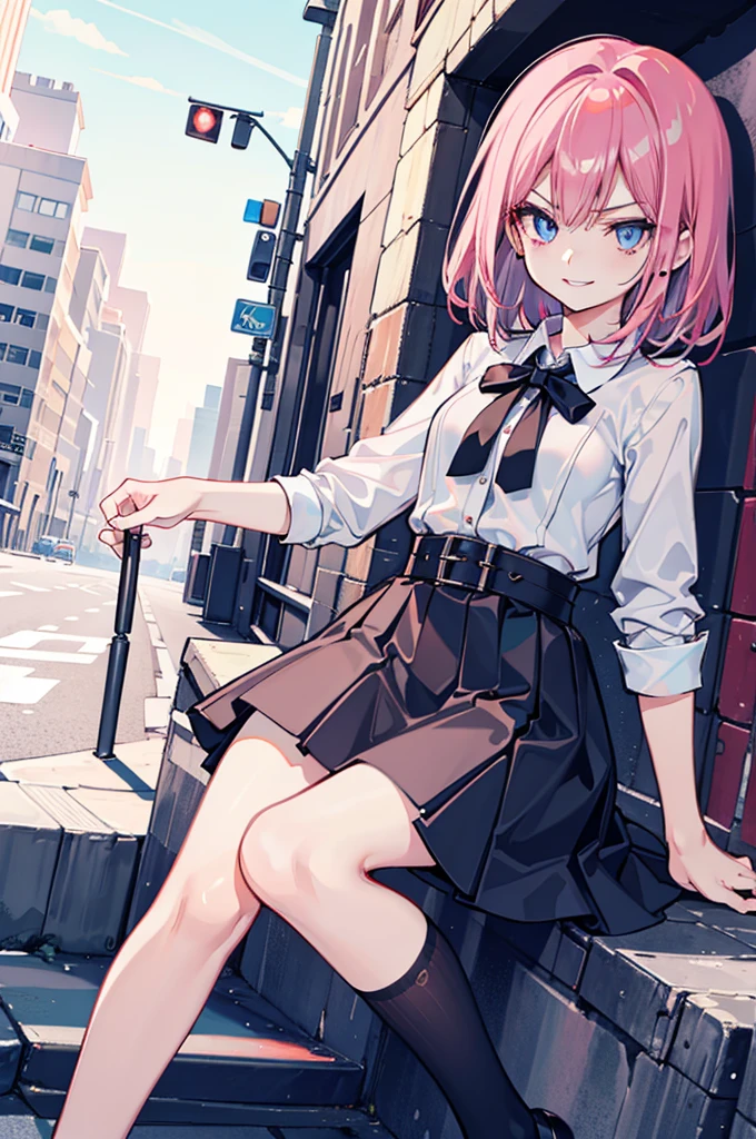 1girl, bkshrtus, short skirt, , , , standing, city <lora:bike_shorts_wo_bike:1>