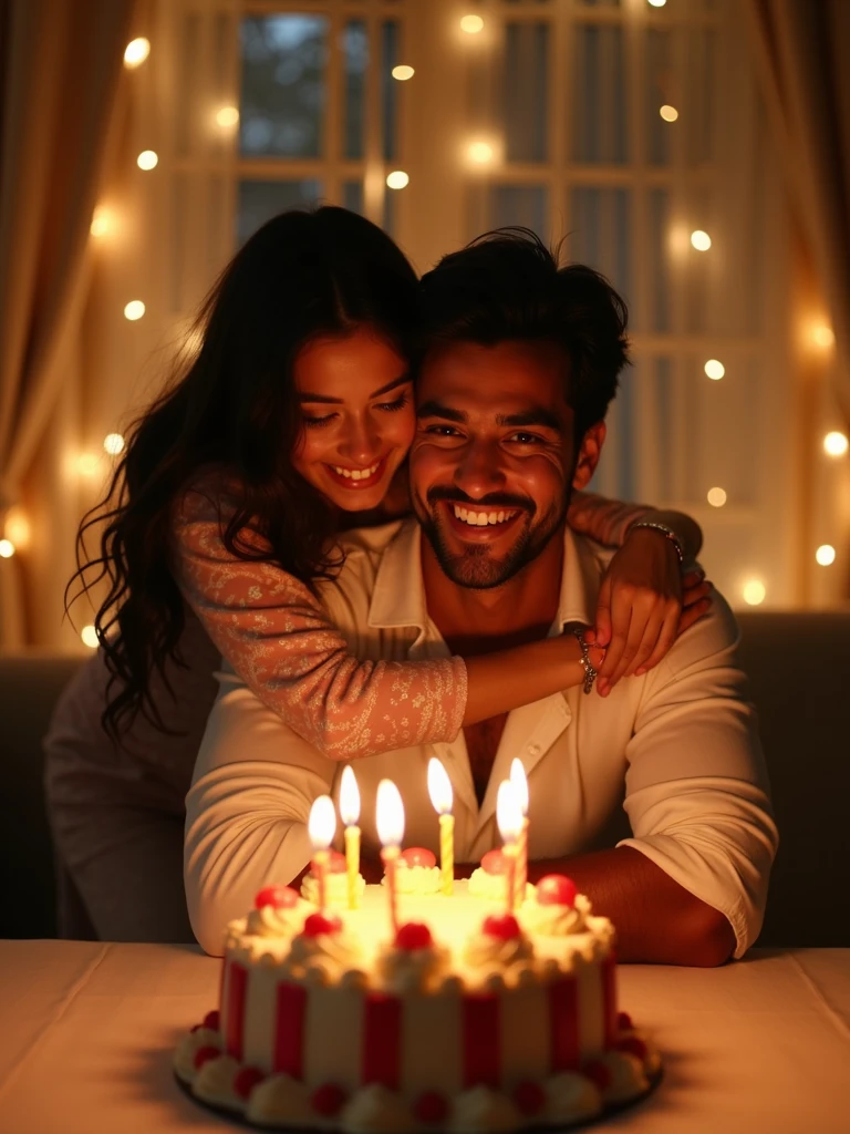 Egyptian couple , girl with wheatish skin, man white skin, both are tall, celebrating his birthday,She stands behind him, lovingly hugging his back as he sits in front of the birthday cake