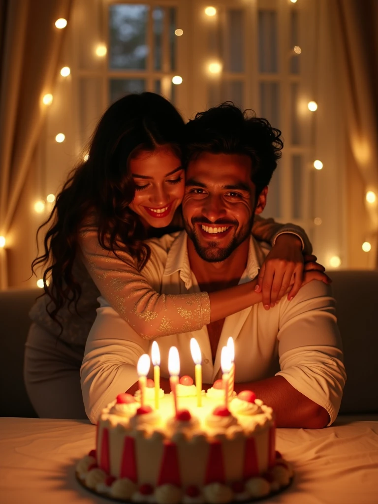 Egyptian couple , girl with wheatish skin, man white skin, both are tall, celebrating his birthday,She stands behind him, lovingly hugging his back as he sits in front of the birthday cake
