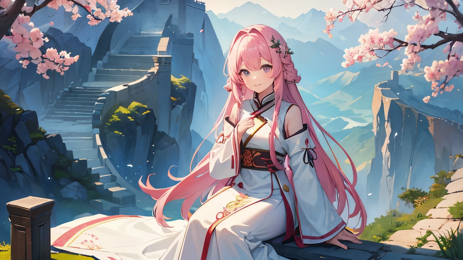 Masterpiece、One Girl、Pink Hair、Long Hair、A white dress with a black thread dragon embroidery on the front.、Smiling、Sitting on the Great Wall