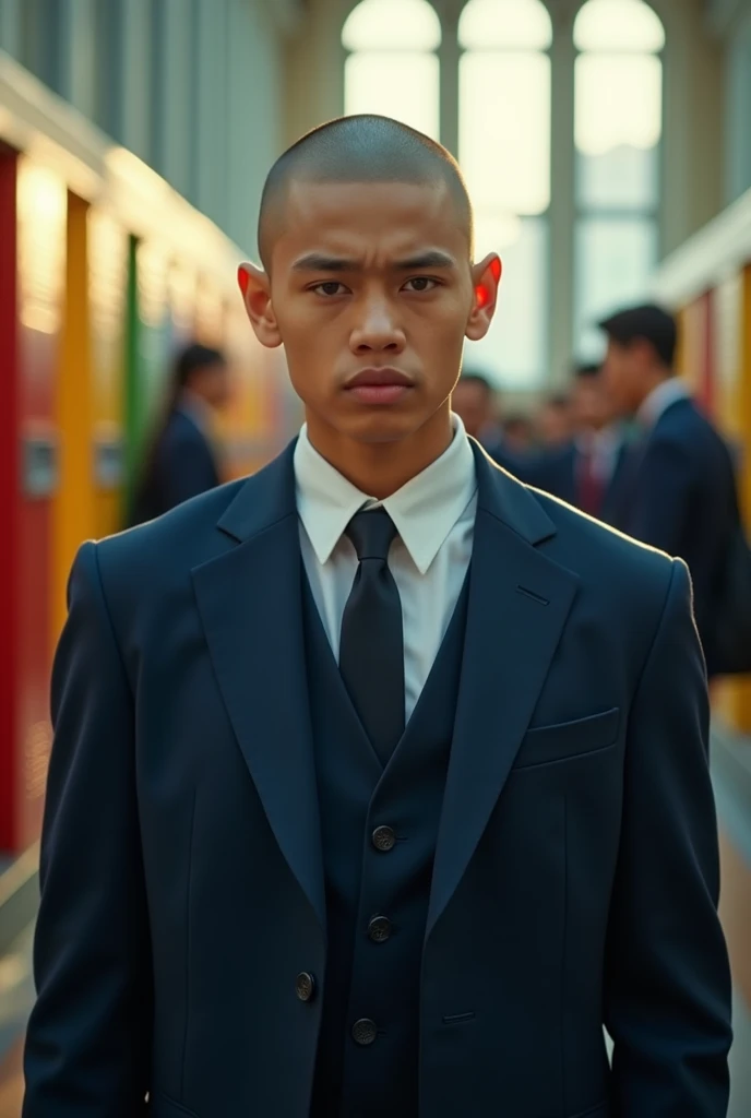 Strong student with a shaved head and a fierce face wearing a school uniform