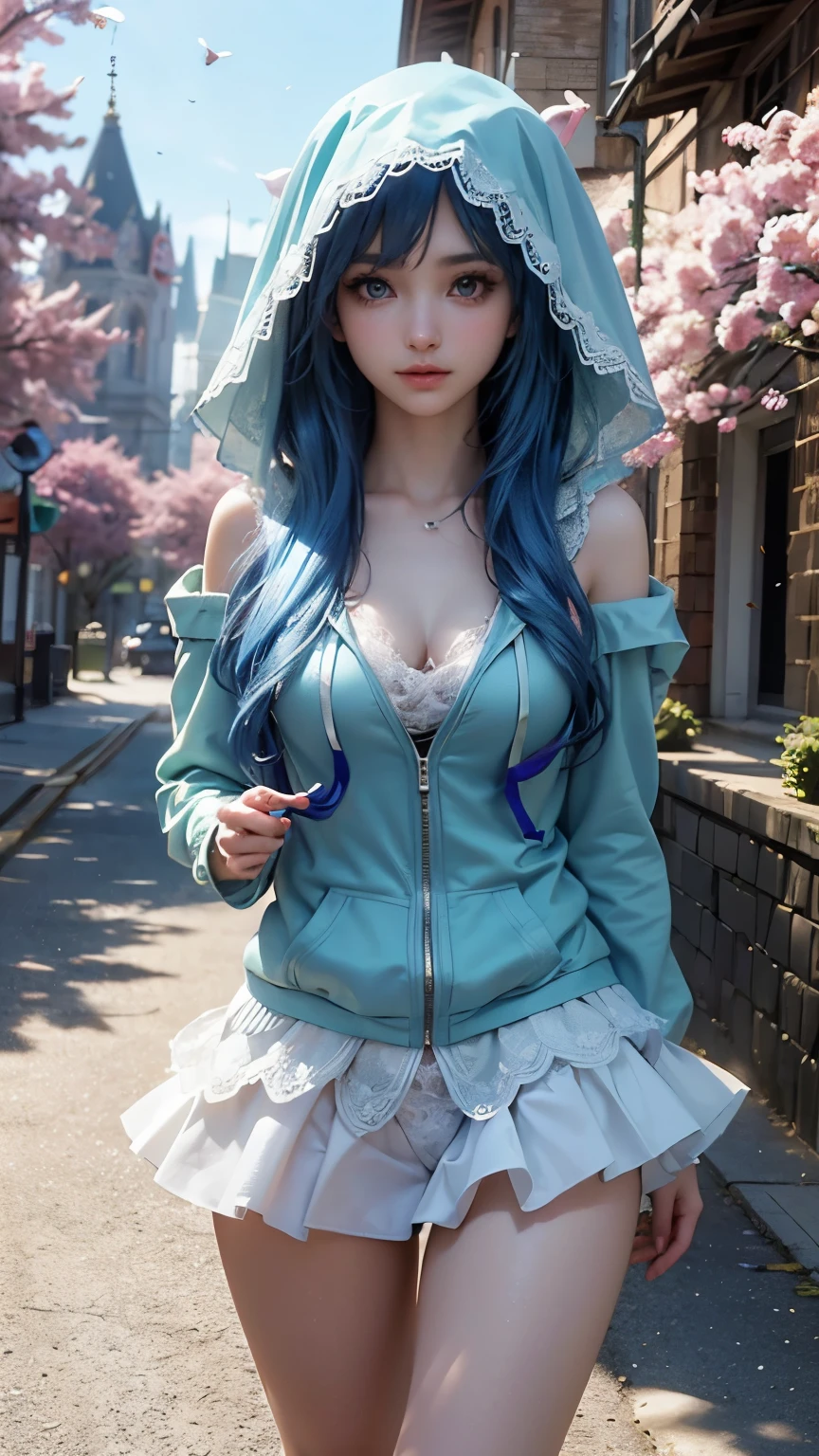 Landscape of an woman, Landscape of a very beautiful woman, (((cowboy shot))), ((Exposed Eyes))!!, photography with Fujifilm XT3, depth of field, film grain, (High Brightness), (High contrast) (((female focus)))!!, exposed eyes, Yoshino Himekawa/(Date A Live/), anime style, (walk around the village), cherry blossom, There are birds in the sky, There are butterflies, The sky is blue, river bank, mountain at the background, looks at the camera with Beautiful blue pupil's eyes, (Beautiful blue pupil's eyes like sapphire :1.40)!!, (((homochromatic eyes)))!!!, Stars in her fixed eyes, Ultra detailed eyes, seductive smile, beautiful smile, gorgeous smile, (Blush)!! Perfect nose, Cute little nose, Earrings, beatiful face, Face Clean, Skin, hyper realistic, Incredibly detailed face, hyper detailed face, A face with a lot of detail, Perfect eye shadow, wink, Hyper-Detailed Eyes, Hyper-detailing of eyebrows, Hyper-detailed eyelashes, Blue hair between eyes, Blue hair bangs, (ultra shine Blue hair)!!, (smooth straight hair)!!,((dynamic composition)), (((wear green veiled hoodie)))!!!, ((green hoodie veil over the head))!!, detailed realistic clothes, neck garter, plump breasts, (Breasts covered with white lace)!!, ultra seductive temptation, charming pose, open skirt, slim legs, petticoat, fishnet legs, stockigs, smooth thighs cleavage, garter thighs, leather shoe, erotic, Best Quality, Masterpiece, Ultra-detailed, Beautiful, hight resolution, Original, CG 8K, perfect photo, dramatic lighting, (Realistic) Realistic, Full HD, Best Quality, Best Quality, Beautiful lighting, (8k wallpaper of extremely detailed CG unit), High Details, sharp-focus, The art of dramatic and photorealistic painting, (walk around the village), cherry blossom, There are birds in the sky, There are butterflies, The sky is blue, river bank, mountain at the background, dynamic composition