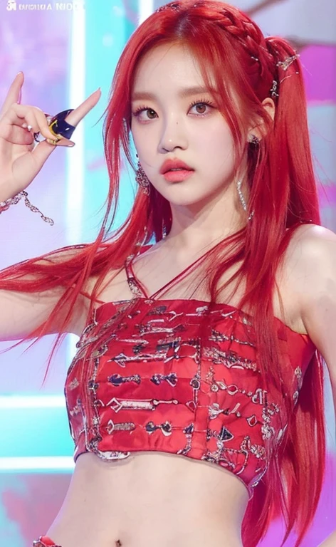 un primer plano de una persona con cabello rojo y un micrófono y ojos verde claro, ((green like eyes)), jia, jossi de blackpink, jisoo de blackpink, parque roseanne de blackpink, Estético!!!!!! genio femenino, Jisoo de Blackpink, sun yunjoo, portrait of jossi de blackpink, ella tiene el pelo largo color naranja, vistiendo traje rojo, con el pelo largo y rojo, jinyoung shin, ídolo coreano, rojo vibrante, Lalisa Manoban de Blackpink,(beautiful makeup :1.2), Wide hips, big, big ass, (best quality, 8K, masterpiece: 1.3), Clear focus: 1.2, Perfect body beauty: 1.4, strong abs, Very detailed face and skin texture. , detailed eyes, double eyelids, (long hair), having very marked curves, with greater volume in ((hips and breasts)), which makes the waist look much smaller ((wasp waist)).