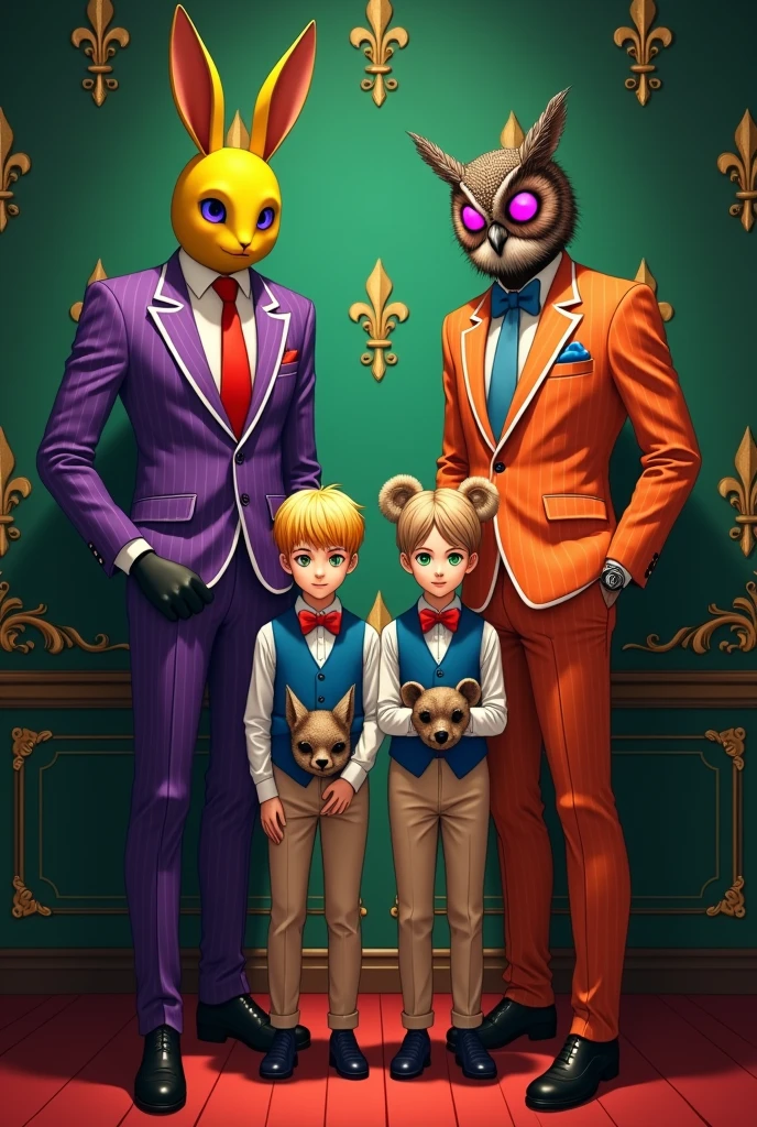 This image has that in anime in a room there are two men and two boys in the middle of them the man on the left is wearing a macabre yellow rabbit mask he has purple eyes and is wearing a purple suit with white stripes a red tie a white shirt black latex gloves and black shoes the man on the left is wearing a macabre owl mask he has pink eyes he is wearing an orange suit with white stripes black shirt blue tie white latex gloves and white shoes two boys are twins both have vitiligo both have hair having heterochromia with one green eye and the other blue wearing a white shirt with a blue vest red bow tie short beige pants and black and white shoes both are holding a mask one is holding a deer mask and the other a bear mask the room they are in has a red wooden floor there is furniture in the background and the green wallpaper has the fleur de lis drawn in gold on the wallpaper