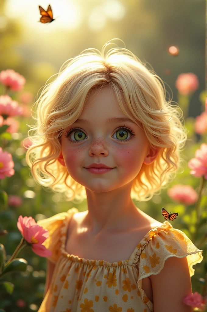 Girl, , blonde with short wavy hair and green eyes