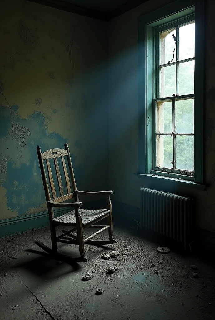 Create an image of a wooden rocking chair in the background of an old, abandoned room. It's nighttime and very dark.