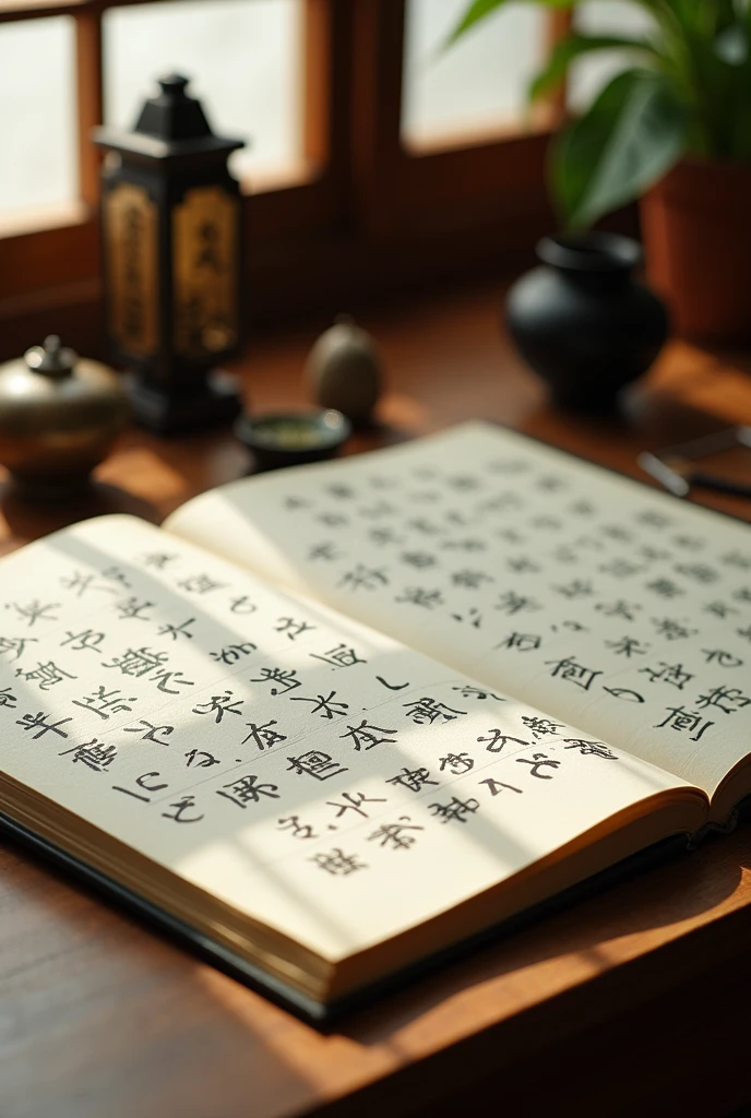 Realistic Japanese characters written on a notebook paper in hiragana, katakana and kanji