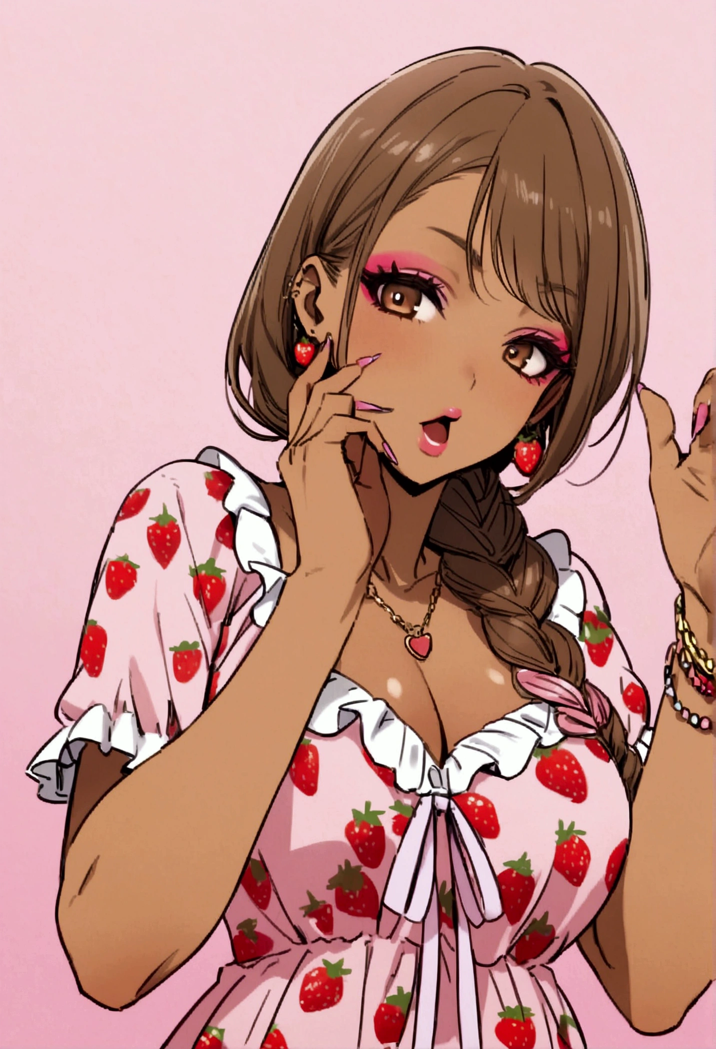 brown-skinned girl with brown hair with blonde highlights, with a pastel pink ribbon , gyaru makeup and strawberry dress