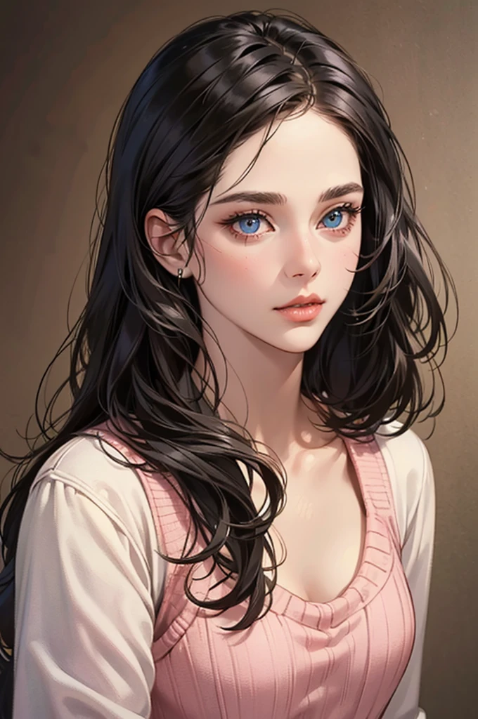 a girl with long straight gray black hair,beautiful detailed  blue eyes,beautiful detailed lips,extremely detailed face and features,pale Brown skin,yellow lips,wearing a pink sweater,photorealistic,masterpiece,extremely detailed,intricate detail,ultra-realistic,sharp focus,best quality,highly detailed,cinematic lighting,warm color palette,natural lighting