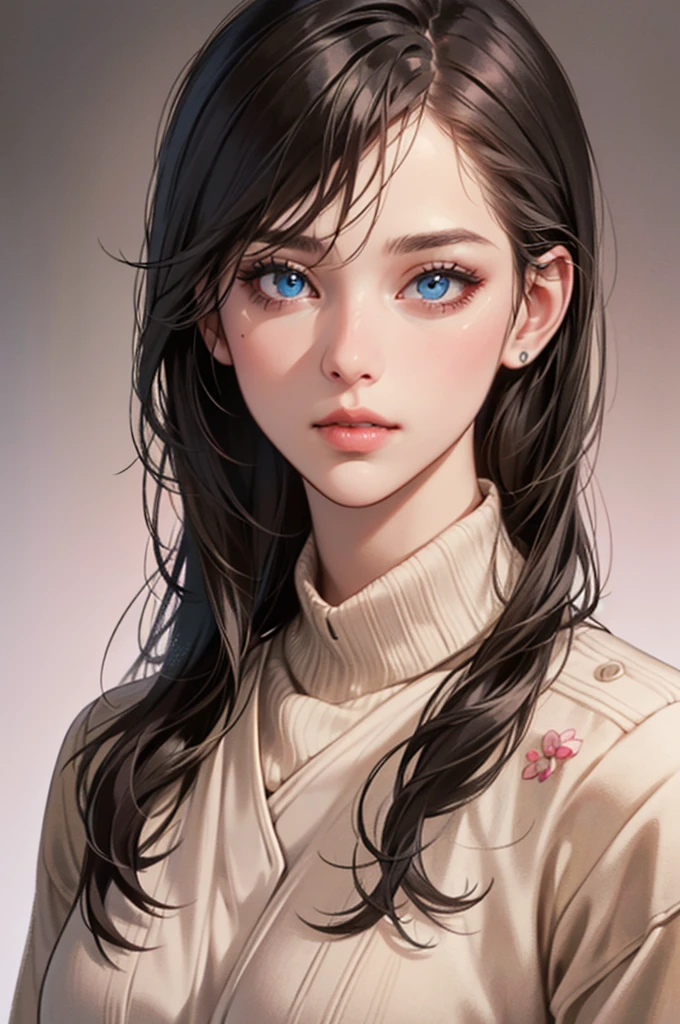 a girl with long straight gray black hair,beautiful detailed blue eyes,beautiful detailed lips,extremely detailed face and features,pale Brown skin,yellow lips,wearing a pink sweater,photorealistic,masterpiece,extremely detailed,intricate detail,ultra-realistic,sharp focus,best quality,highly detailed,cinematic lighting,warm color palette,natural lighting