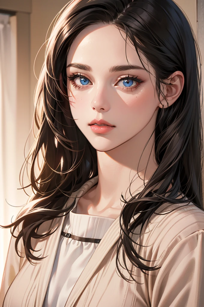 a girl with long straight gray black hair,beautiful detailed  blue eyes,beautiful detailed lips,extremely detailed face and features,pale Brown skin,yellow lips,wearing a pink sweater,photorealistic,masterpiece,extremely detailed,intricate detail,ultra-realistic,sharp focus,best quality,highly detailed,cinematic lighting,warm color palette,natural lighting