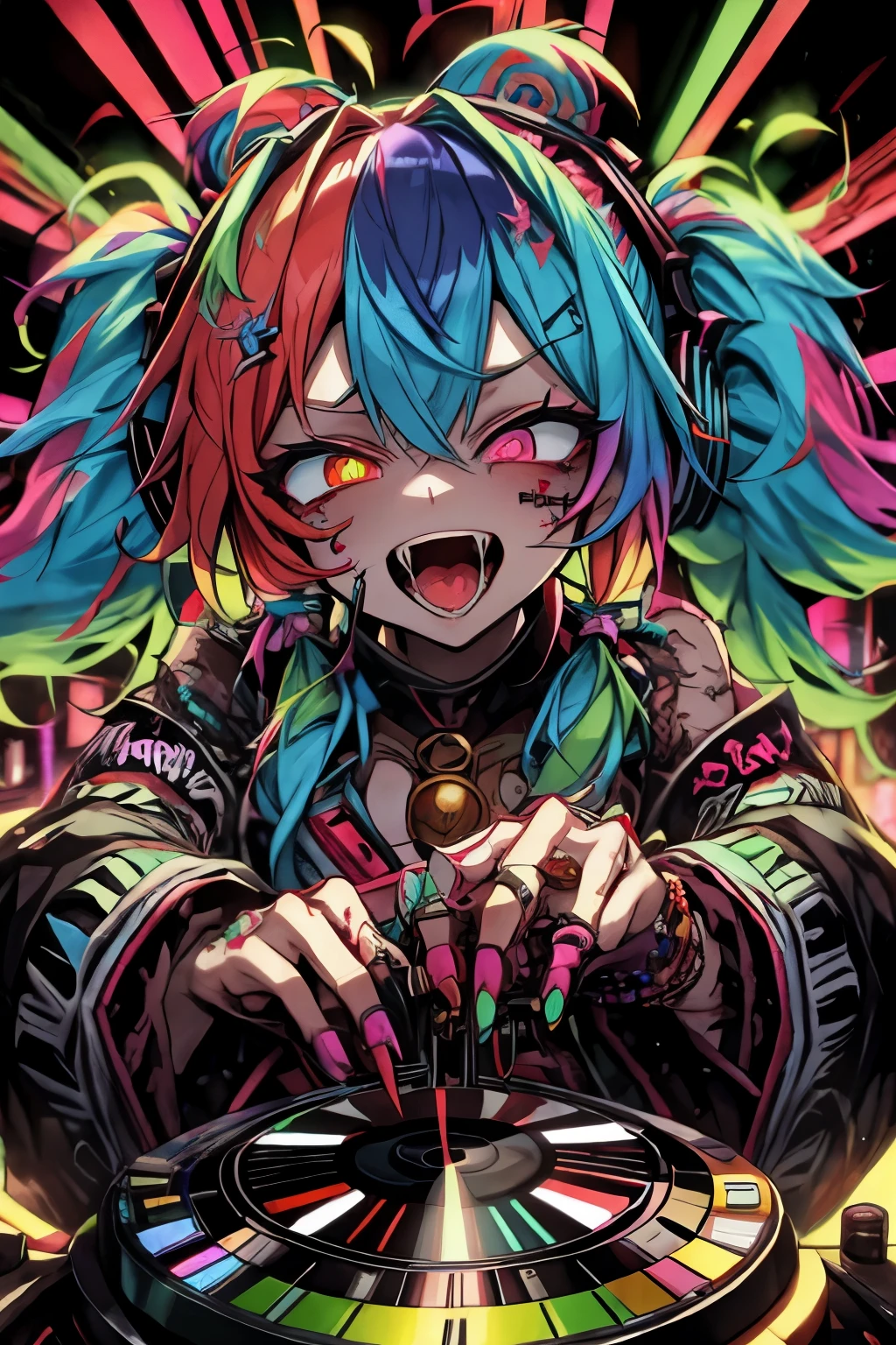 Ollie
multicolored hair
multicolored eyes
zombie_skin
traditional dress
twintails a DJ, showcasing her skills on the turntables