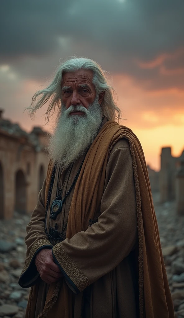 Ultra-realistic image in 8k " an image of an old man with long hair and beard, looking at the camera as if he were narrating the history of the city of Tyre, he must be wearing the clothes of the time, near the ruins of the city. The scene is dominated by a dark and cloudy sky, with the light of twilight illuminating the devastation."