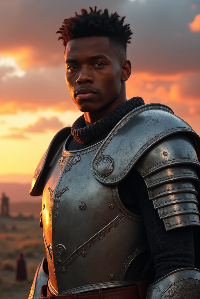 (photorealism:1.2), handsome and attractive man, young, moreno, short hair, Brown eyes (Afro features) charismatic and strong and with gray armor
