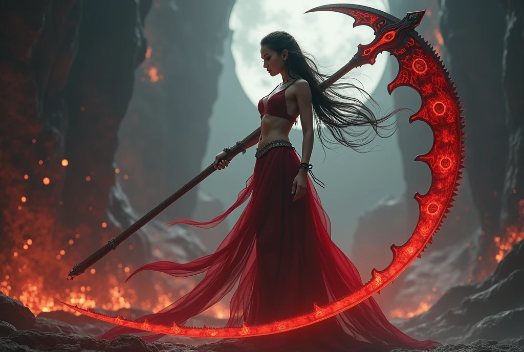 The words "INFINITY" written in large letters at the bottom of the screen, ((masterpiece, highest quality, Highest image quality, High resolution, photorealistic, Raw photo, 8K)), ((Extremely detailed CG unified 8k wallpaper)), (huge stunning goddess shot, very hot and sexy, jaw-dropping beauty, perfect proportions, beautiful body, slim body beauty:1.4), A girl wielding a huge scythe, movie poster, (a huge scythe:1.5), 