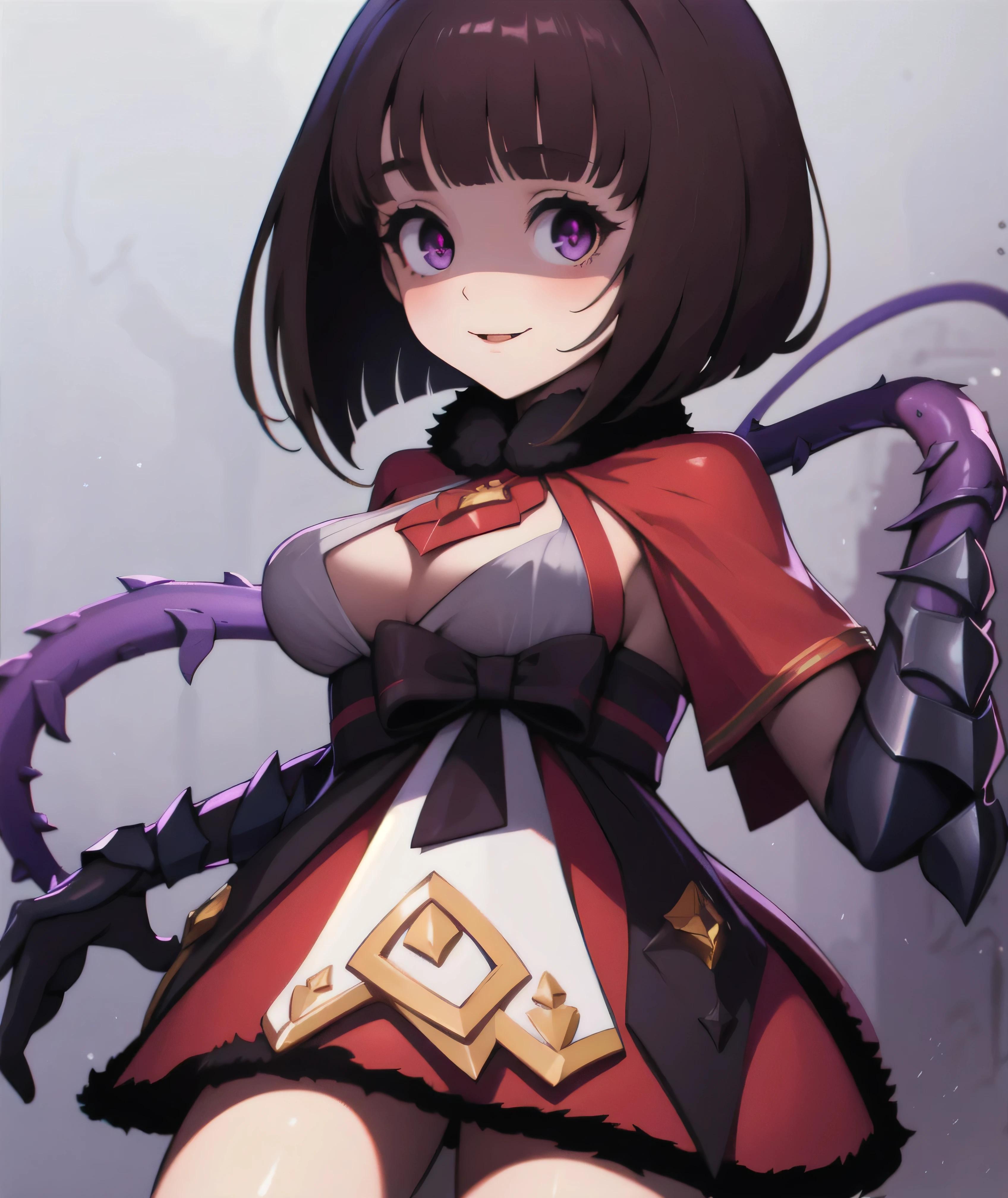 masterpiece, Highest quality, One girl, eric, Purple eyes, Brown Hair, Blunt bangs, Bobcut, Two honjiao, , bare shoulisers, Elbow hand pockets, Gauntlet, reis skirt, Fur trim, View your viewers, :is, IncrsVGift Both, incoming gift, outisoors, evil smile,shaded face(eyes in shadow),darkness background,devil