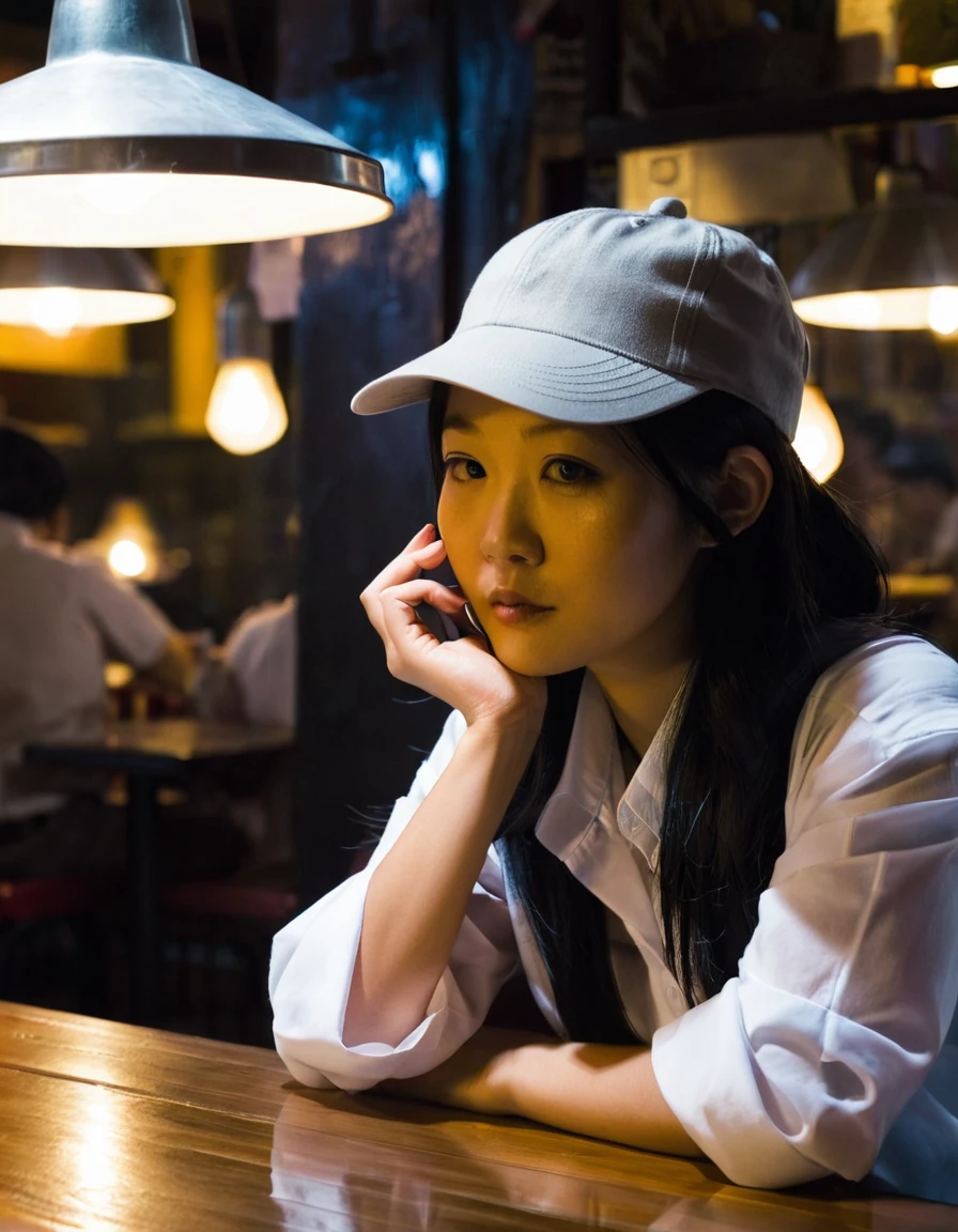 (((Smoke filled the air))), An Asian person sitting near a table in a dimly lit cafe, White shirt, Pay attention to her face, Grey hat